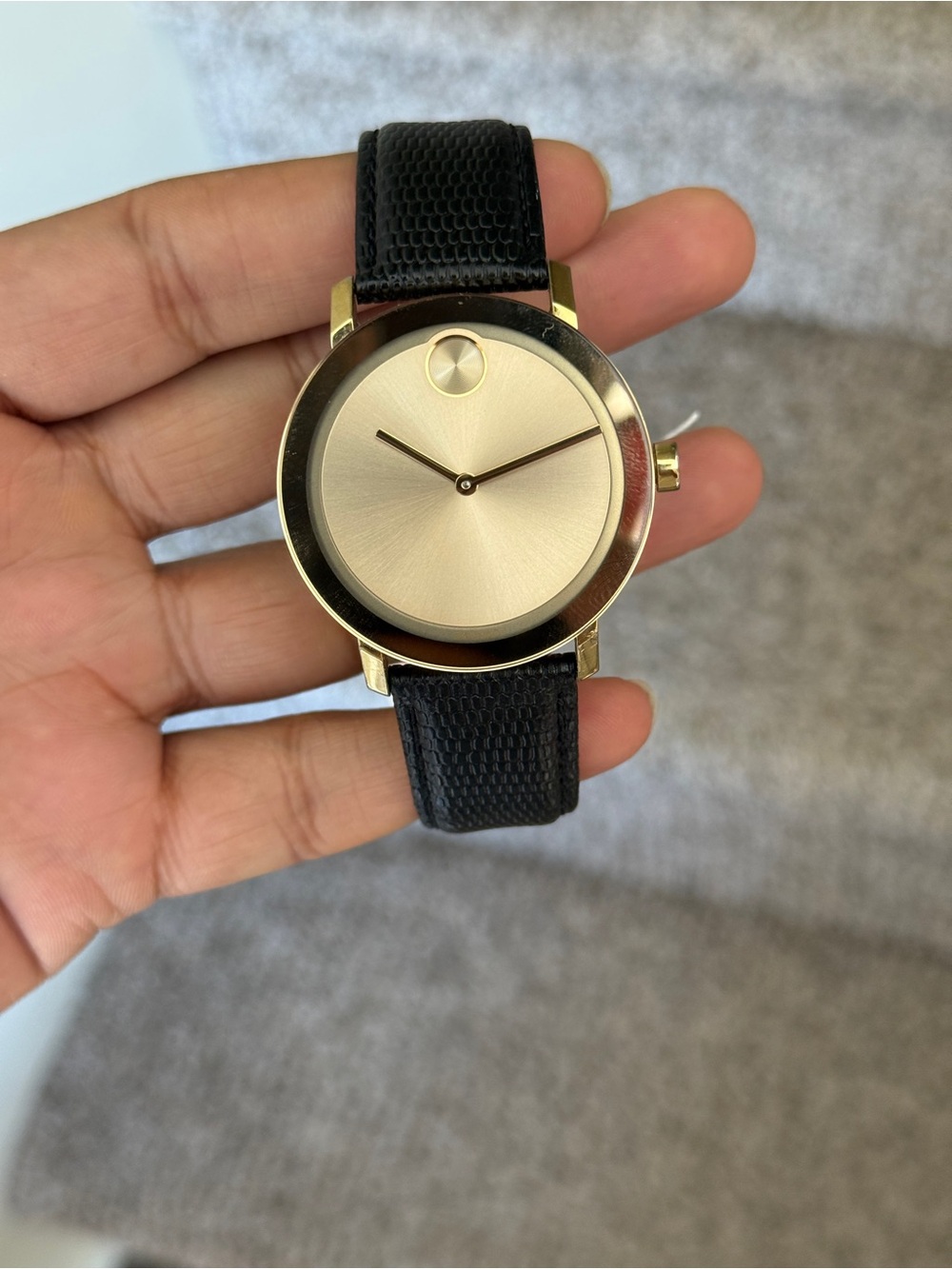 Movado bold Elegant Gold Dial Men's Watch with Black Leather Strap